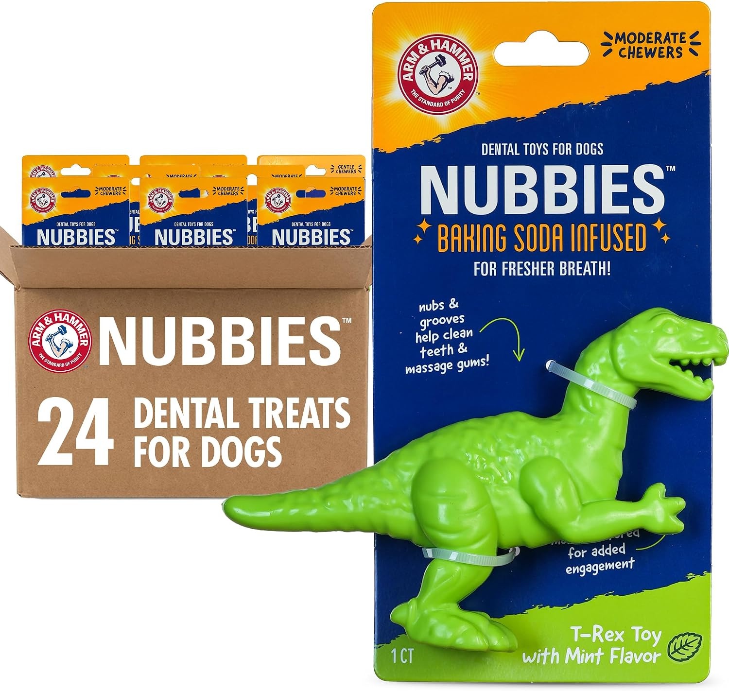 image:imageArm amp Hammer Nubbies TBone Dental Chew Toy Peanut Butter Flavor Textured Toy Helps Clean Teeth Supports Oral Care for Dogs Up to 35 Lbs 24 Pack NonEdible Supervised Daily Chewing at HomeGreen TRex
