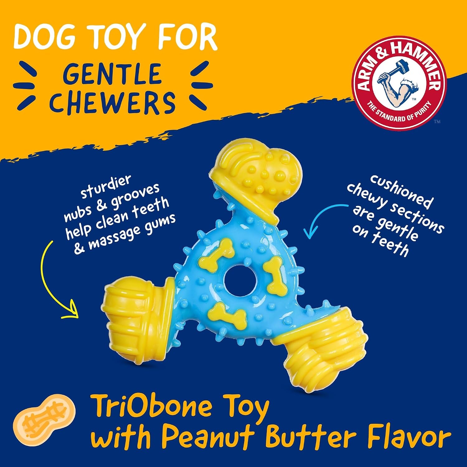 image:imageArm amp Hammer Nubbies TBone Dental Chew Toy Peanut Butter Flavor Textured Toy Helps Clean Teeth Supports Oral Care for Dogs Up to 35 Lbs 24 Pack NonEdible Supervised Daily Chewing at HomeBlue Yellow TriOBone