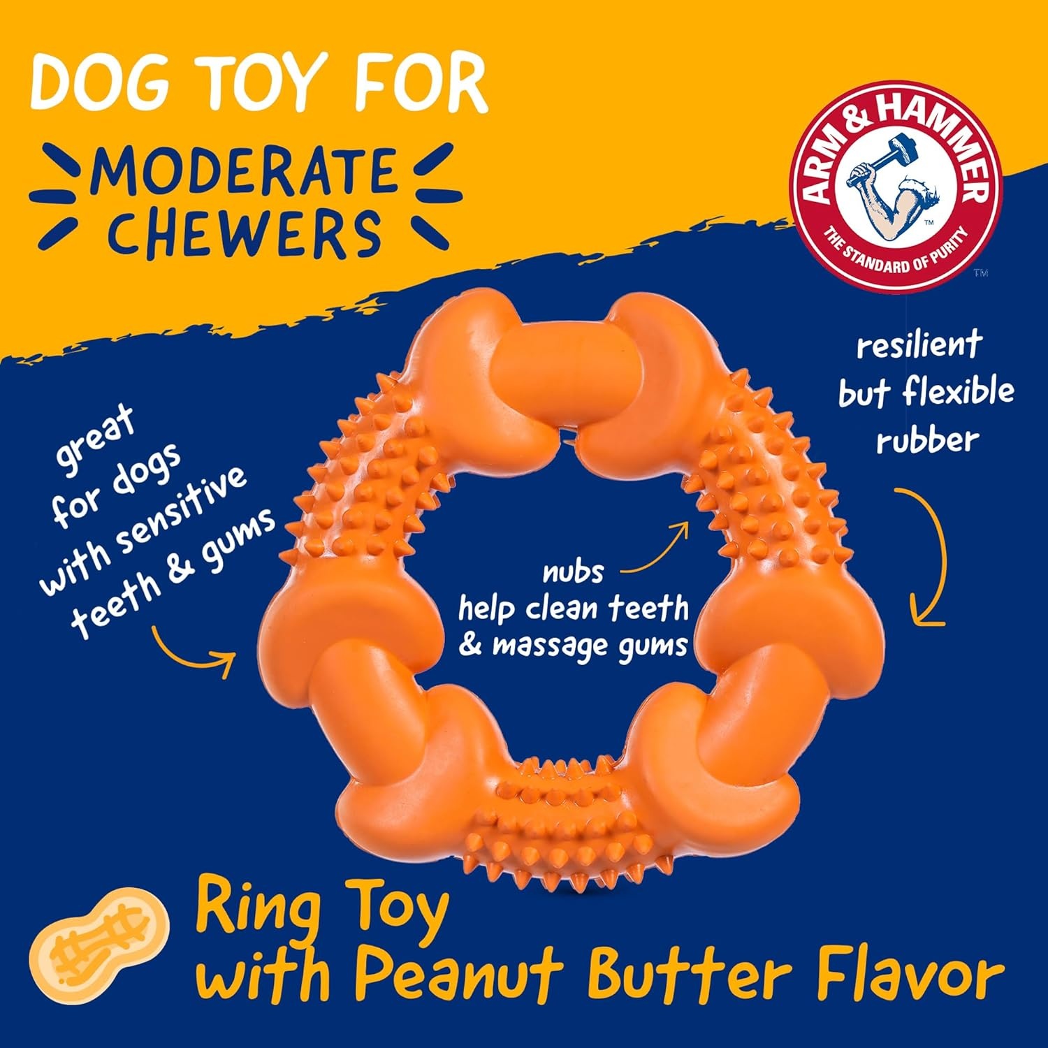 image:imageArm amp Hammer Nubbies TBone Dental Chew Toy Peanut Butter Flavor Textured Toy Helps Clean Teeth Supports Oral Care for Dogs Up to 35 Lbs 24 Pack NonEdible Supervised Daily Chewing at HomeOrange Rubber Ring