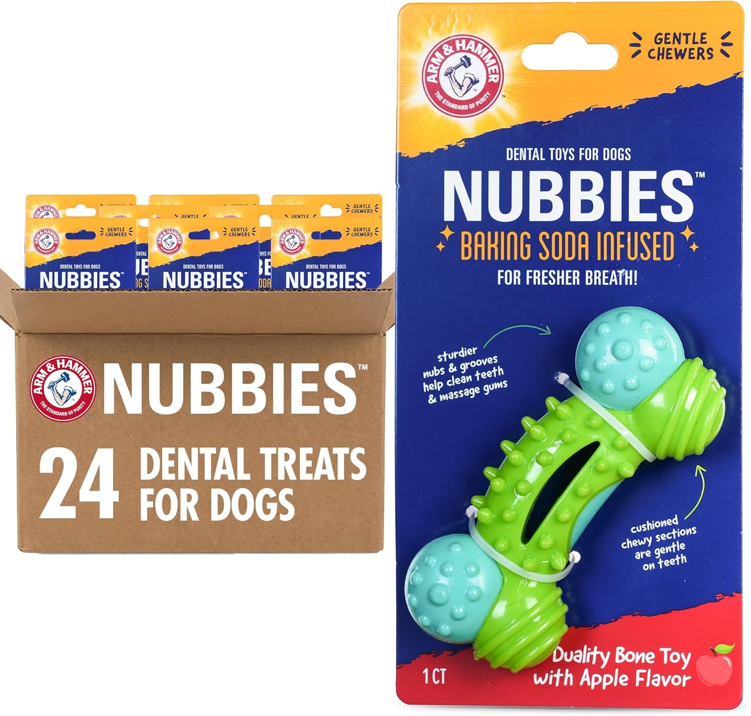 image:imageArm amp Hammer Nubbies TBone Dental Chew Toy Peanut Butter Flavor Textured Toy Helps Clean Teeth Supports Oral Care for Dogs Up to 35 Lbs 24 Pack NonEdible Supervised Daily Chewing at HomeBlue Green Duality Bone