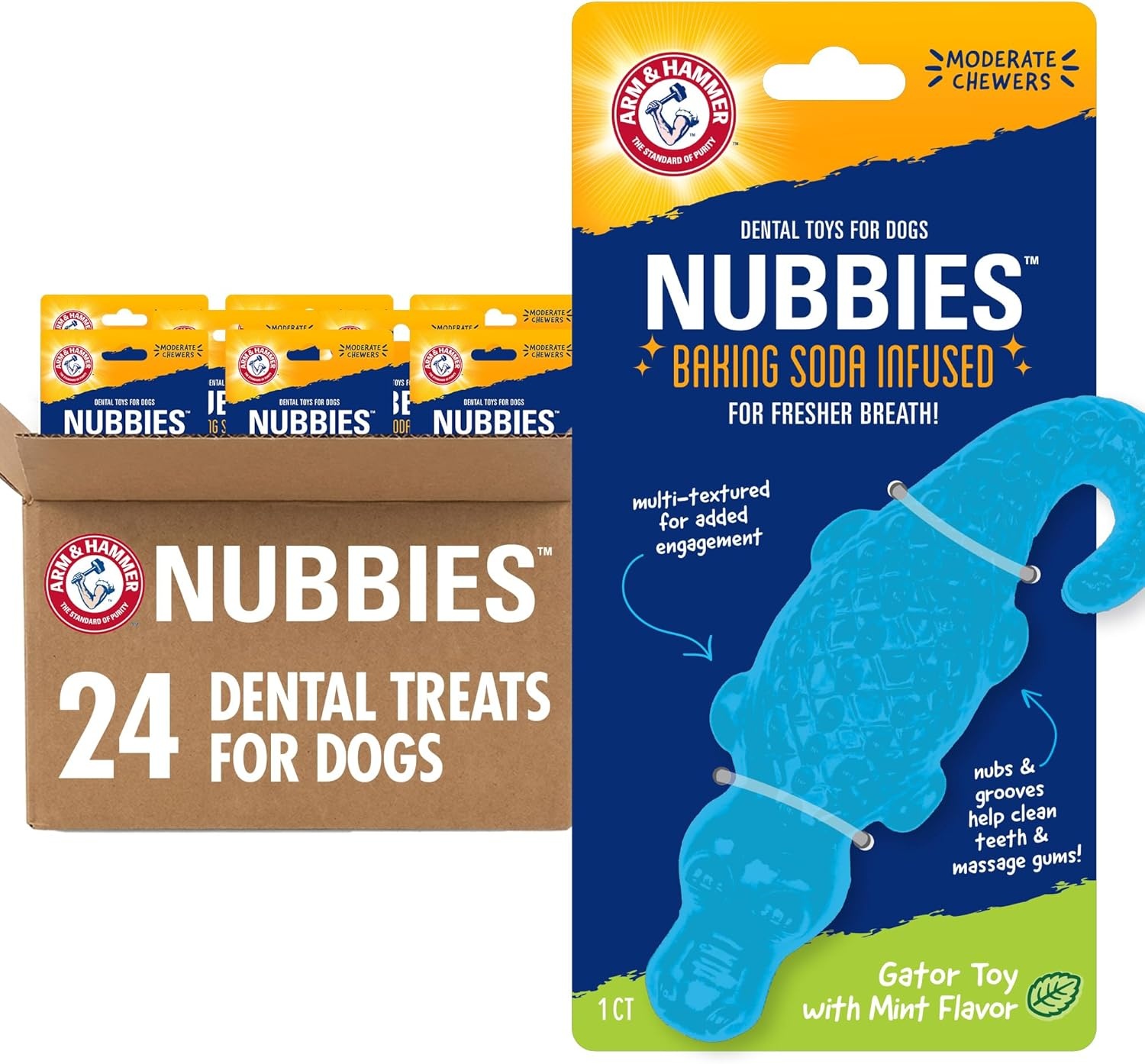 image:imageArm amp Hammer Nubbies TBone Dental Chew Toy Peanut Butter Flavor Textured Toy Helps Clean Teeth Supports Oral Care for Dogs Up to 35 Lbs 24 Pack NonEdible Supervised Daily Chewing at HomeBlue Gator
