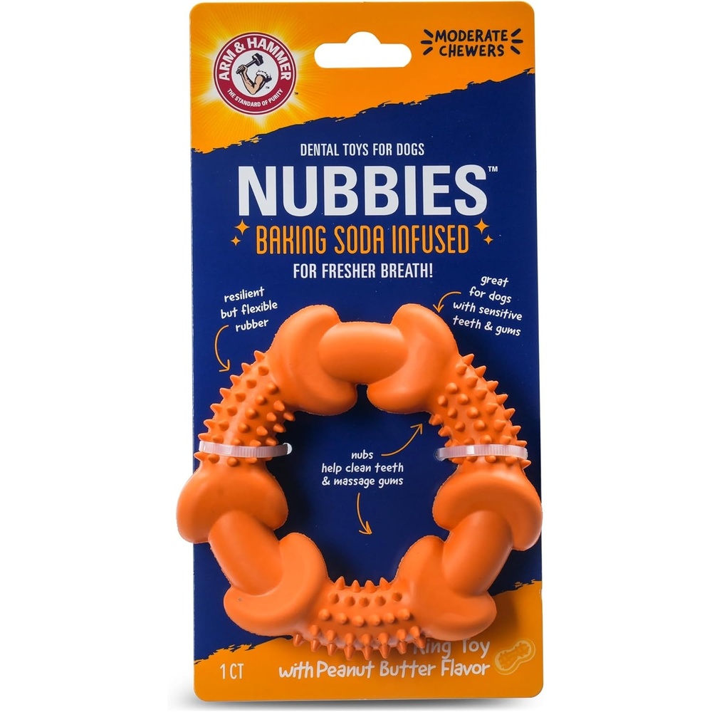 image:imageArm amp Hammer Nubbies TBone Dental Chew Toy Peanut Butter Flavor Textured Toy Helps Clean Teeth Supports Oral Care for Dogs Up to 35 Lbs 24 Pack NonEdible Supervised Daily Chewing at HomeOrange Rubber Ring