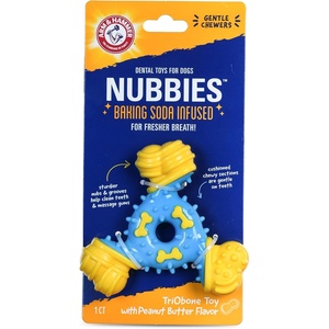 Arm & Hammer Nubbies T-Bone Dental Chew Toy Peanut Butter Flavor Textured Toy Helps Clean Teeth Supports Oral Care for Dogs Up to 35 Lbs 24 Pack Non-Edible Supervised Daily Chewing at Home(Blue & Yellow TriOBone)