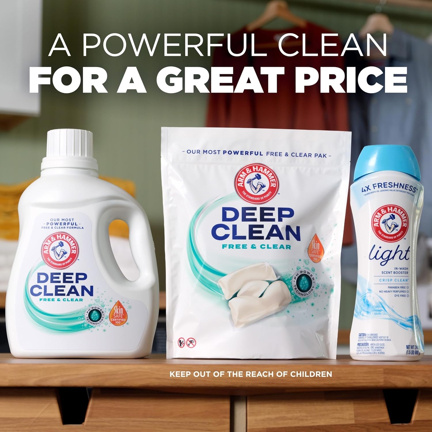 image:imageARM amp HAMMER Deep Clean Free amp Clear Laundry Detergent Power Paks Free of Dyes and Perfumes Dermatologist Tested 44 Count44 Count Pack of 1