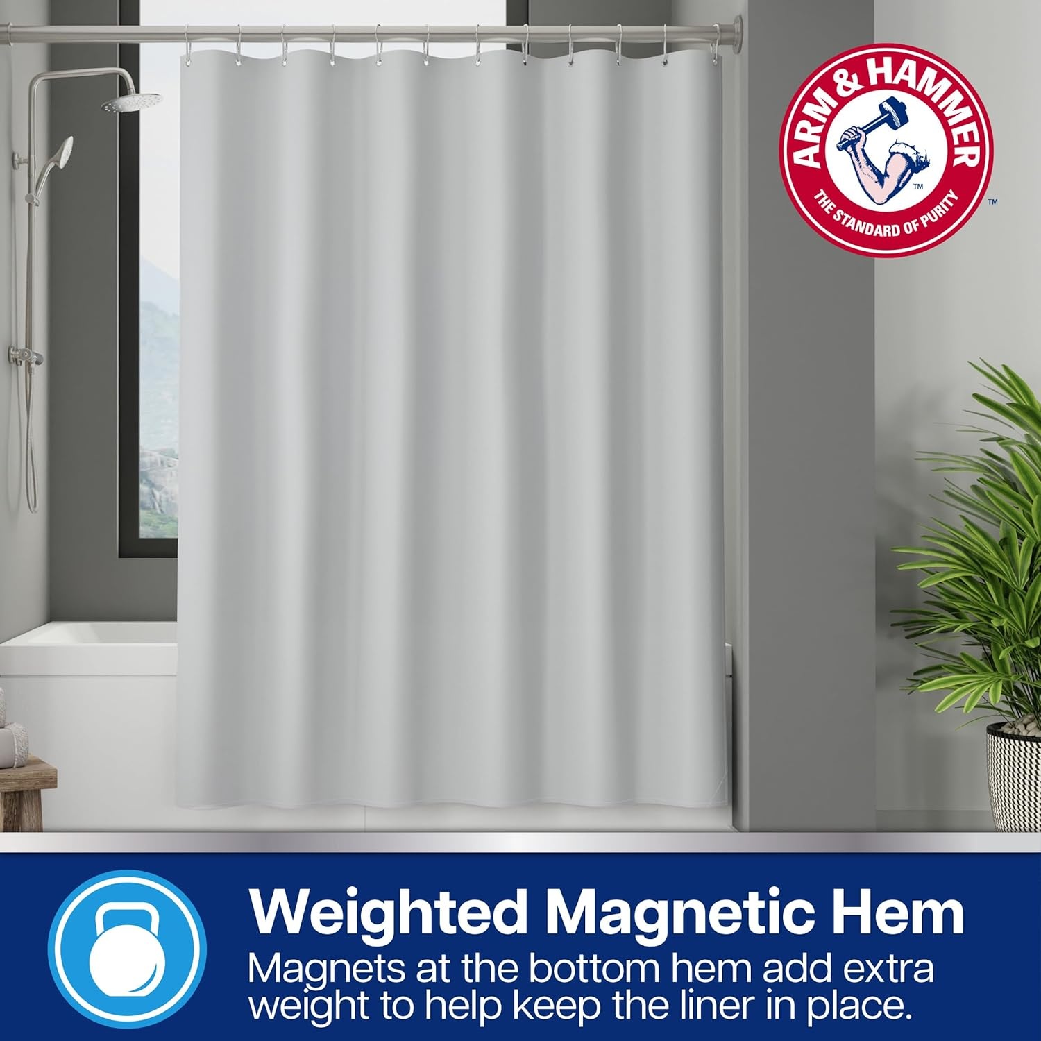 image:imageArm amp Hammer Fabric Shower Curtain with Waterproof Back 70 x 72 WhiteGrey