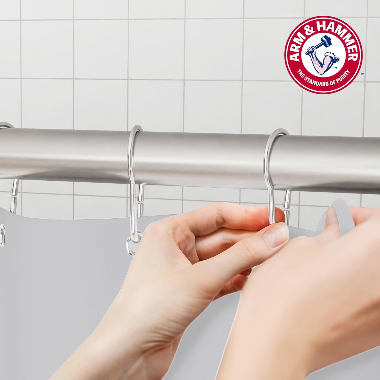 image:imageArm amp Hammer Fabric Shower Curtain with Waterproof Back 70 x 72 WhiteGrey